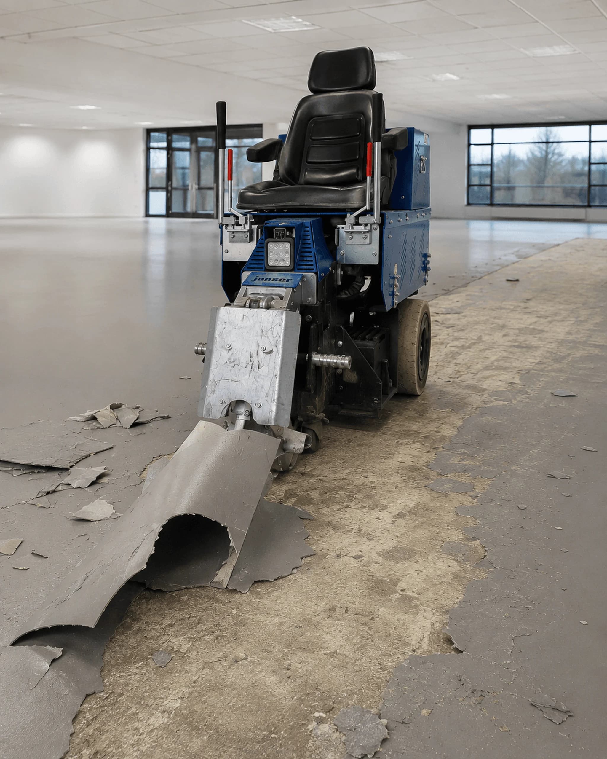 Industriële vloerstripper machine die oude vloerbedekking verwijdert in een lege ruimte