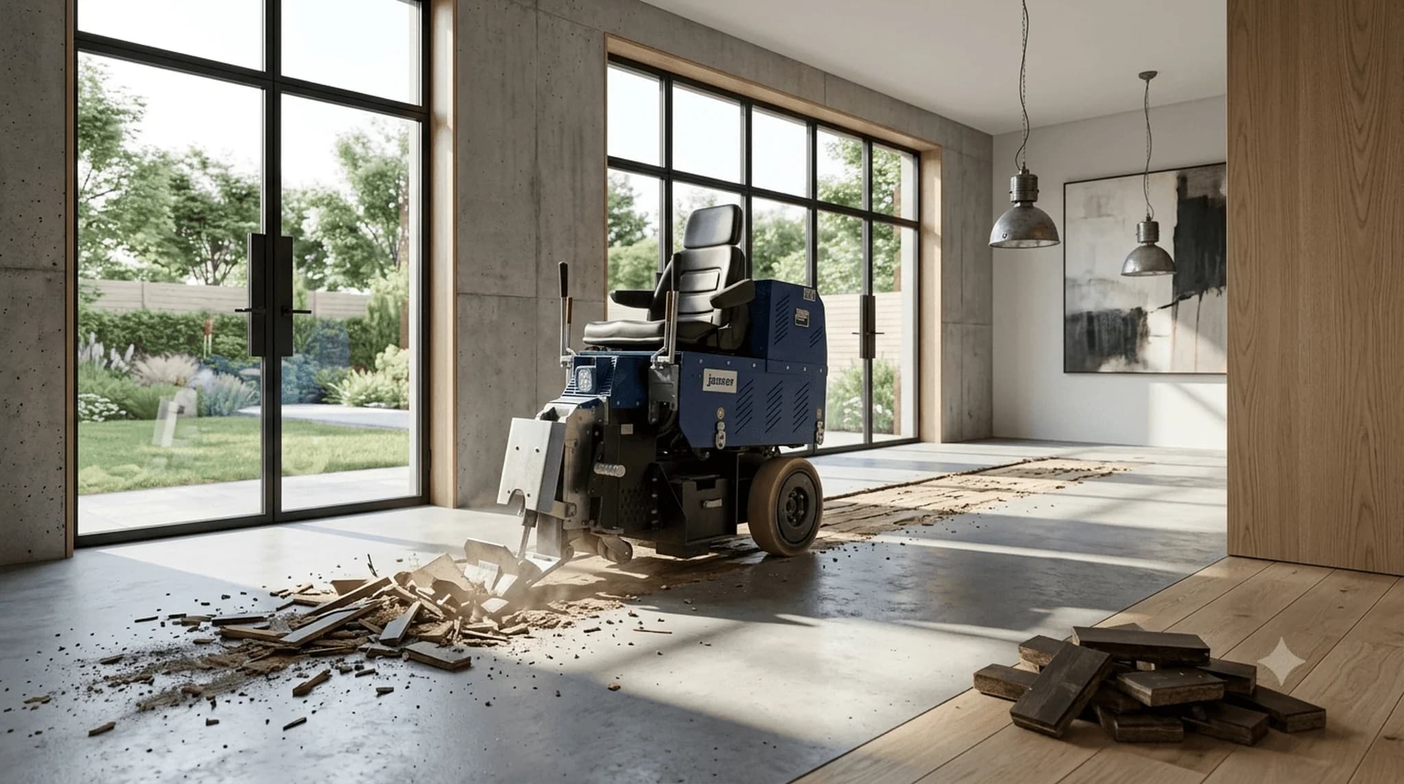 Vloerverwijderingsmachine in moderne kamer bij grote glazen schuifdeuren, met puin en losse houten planken op de vloer.